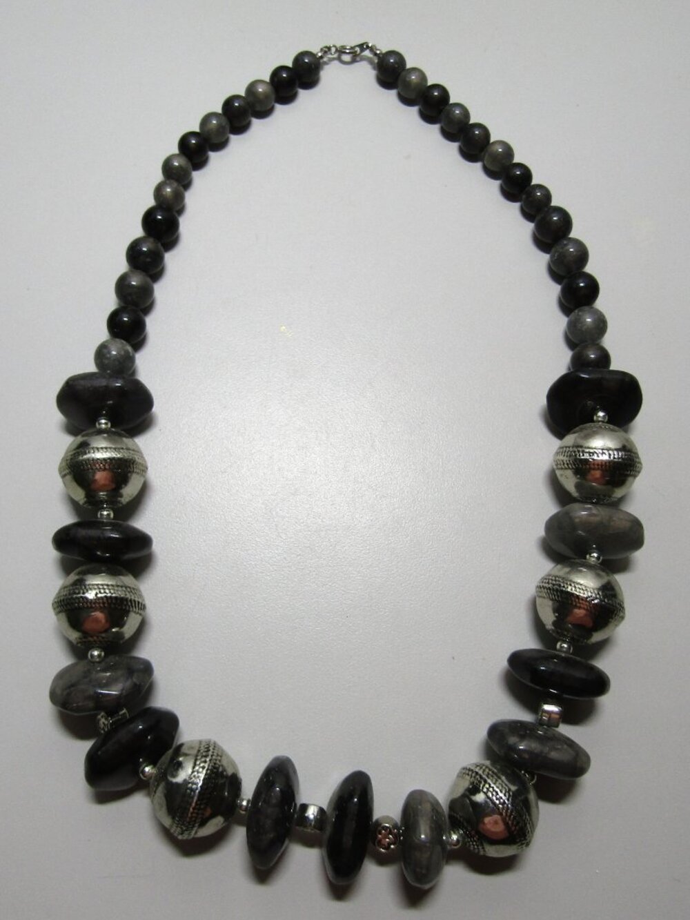 vintage necklace gray and silver tone beads 24 inches Bold Look!